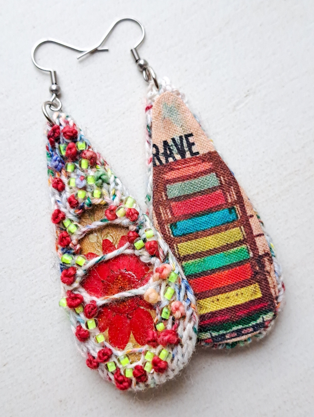 Handknitted Beaded Floral Teardrop Earrings Multicolor Embroidery Hand Dyed Yarn